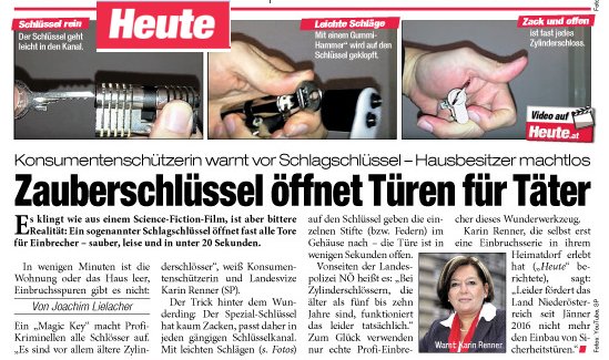 Die österreichische Tageszeitung "HEUTE" berichtet endlich über den Schlagschlüssel