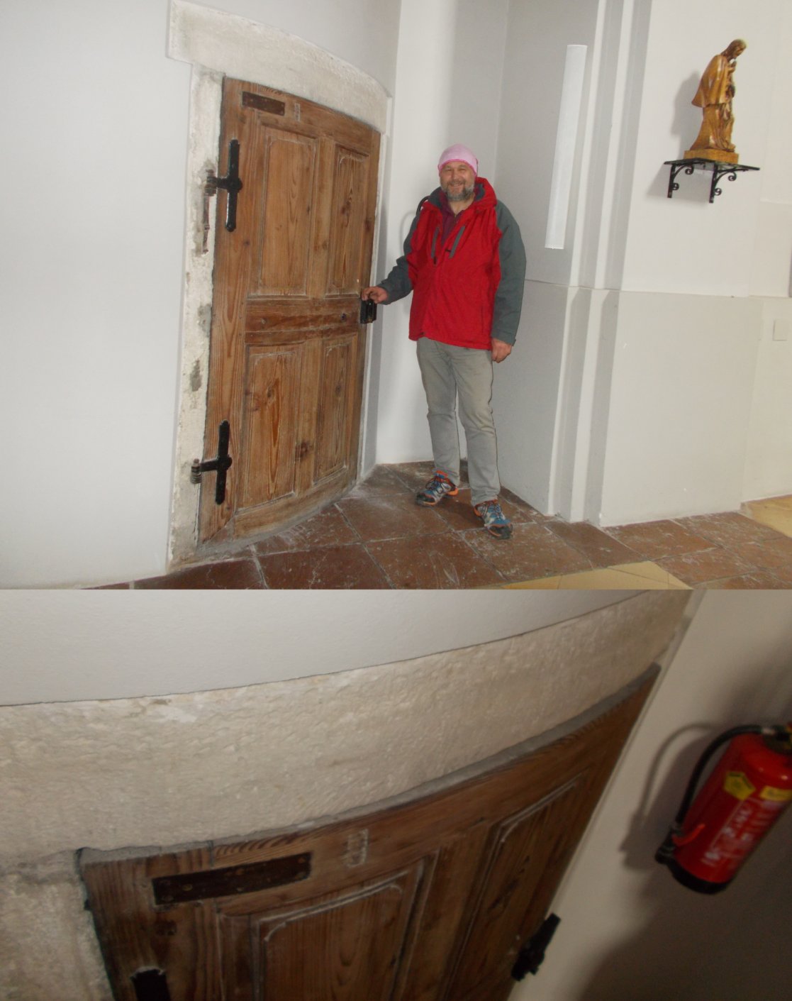 Eizigartig: Eine runde Holztüre in einer Kirche Von oben gut zu erkennnen 